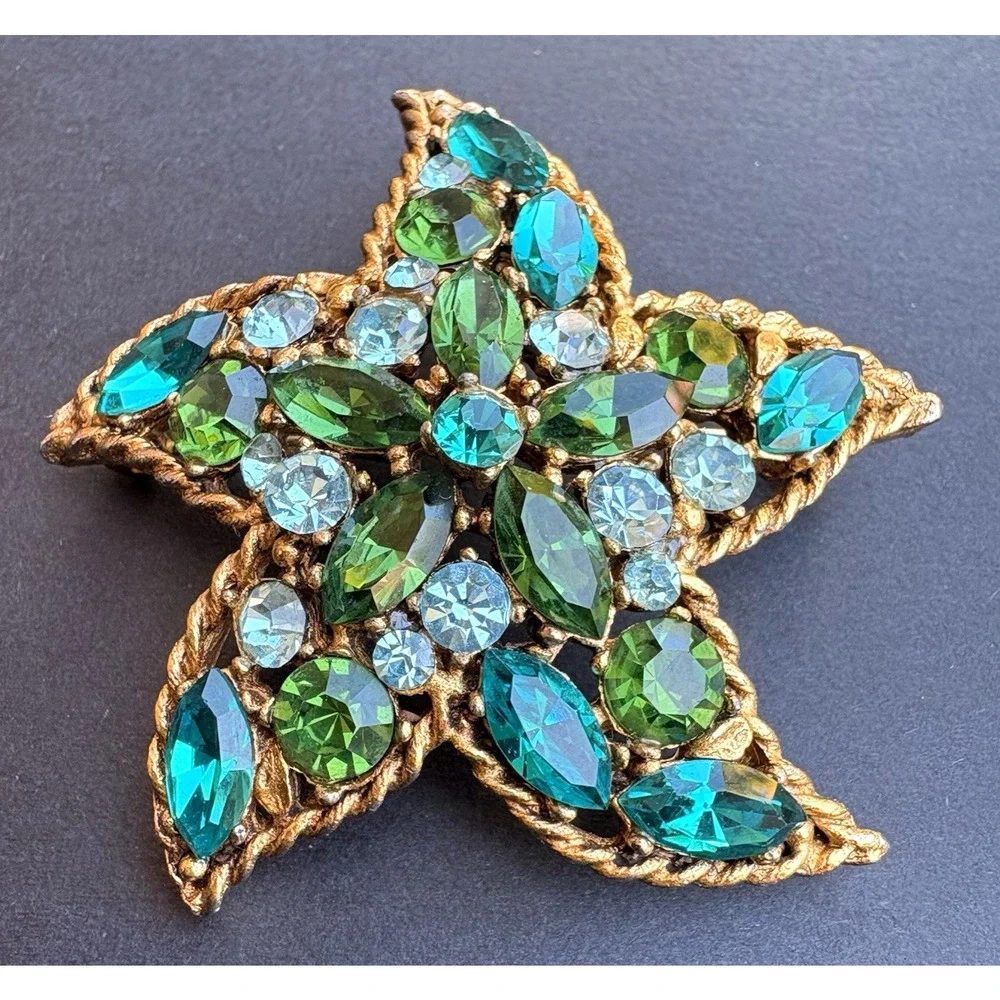 Vintage Regency Starfish Pin Brooch Gold Tone Green Blue Rhinestones 2